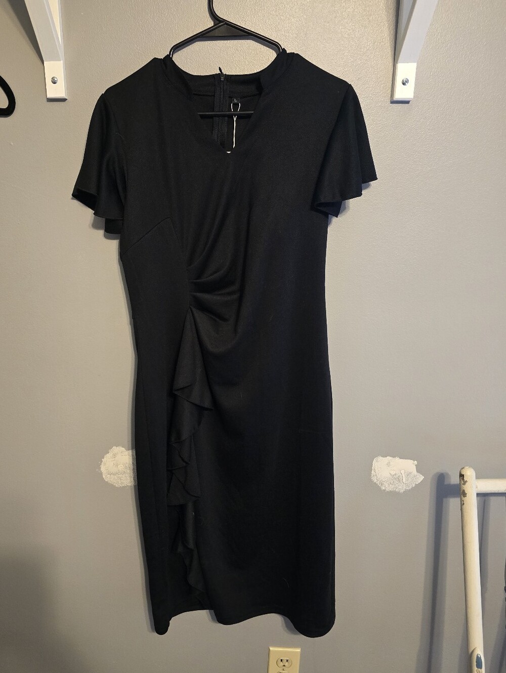 Black Ruffle-Front Midi Dress with Flutter Sleeves